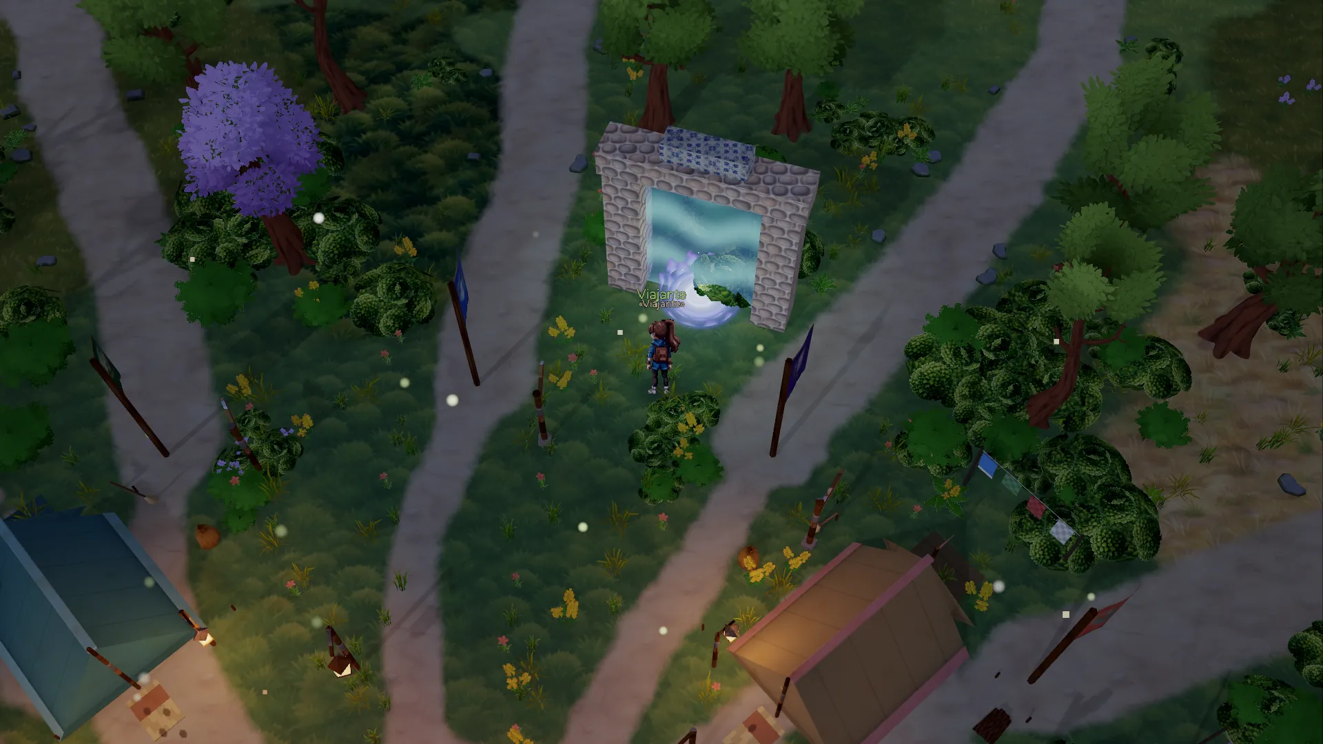 O portal do Campo de Treino: o arco de pedra com a coroa de chamas azul-violeta na base.