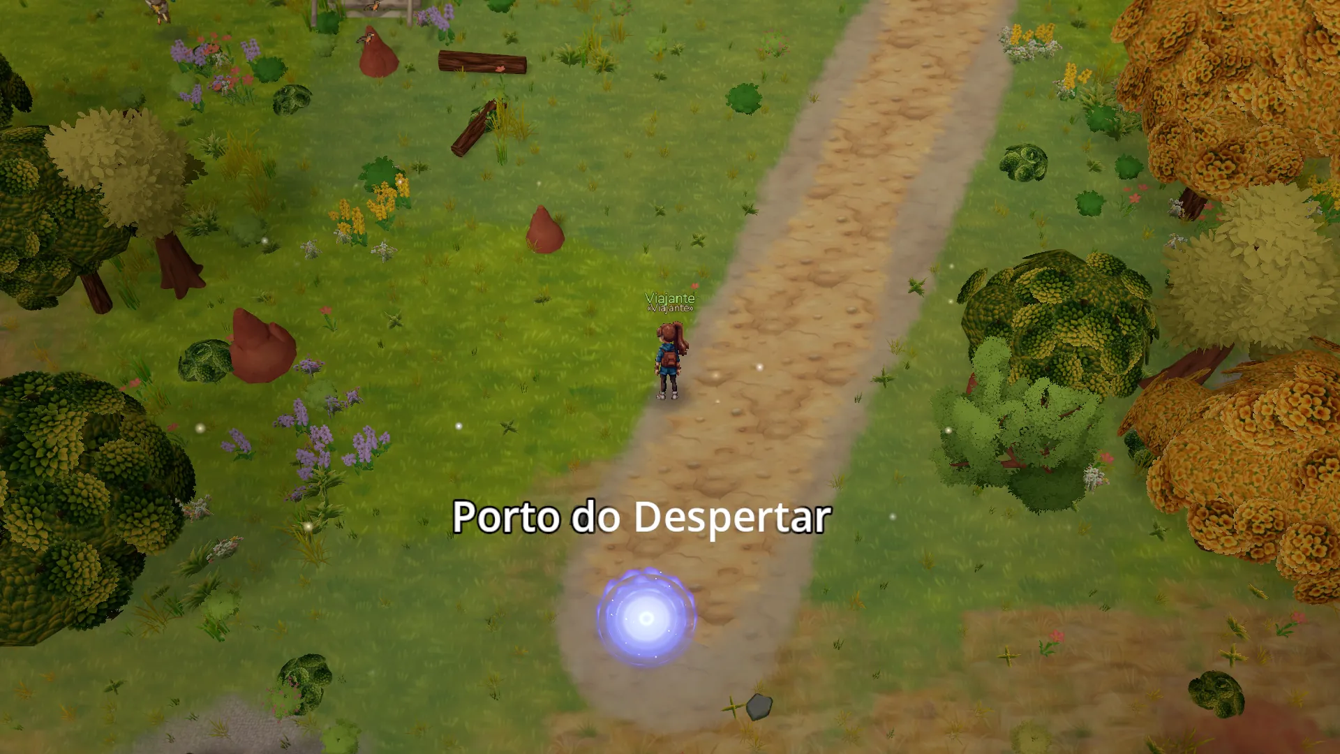 O portal: chamas azul-violeta sobre um disco de luz. Elas crescem quando você chega perto.
